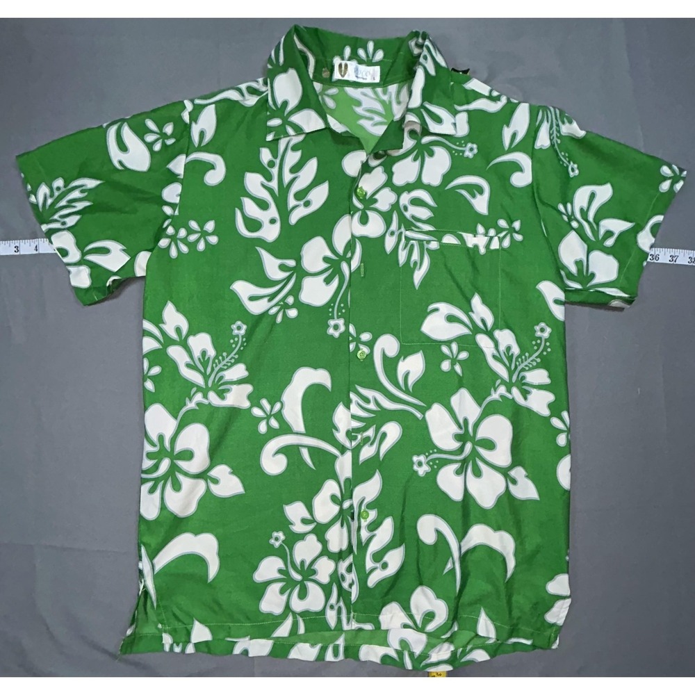 V.H.O Shirt Mens L Green Floral Hawaiian Cotton Short Sleeve Button Up Casual